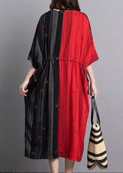 Classy v neck pockets linen outfit Sewing black red patchwork Dresses summer - SooLinen
