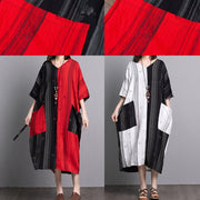 Classy v neck pockets linen outfit Sewing black red patchwork Dresses summer - SooLinen