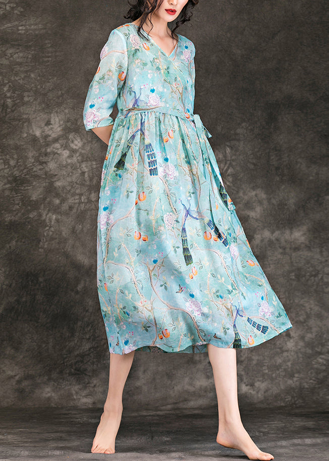 Klassisches Leinenkleid mit V-Ausschnitt und Taillenbund Pakistani Work hellblau Plus Size Kleid Sommer