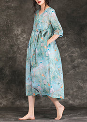 Classy v neck tie waist linen dress Pakistani Work light blue Plus Size Dress Summer