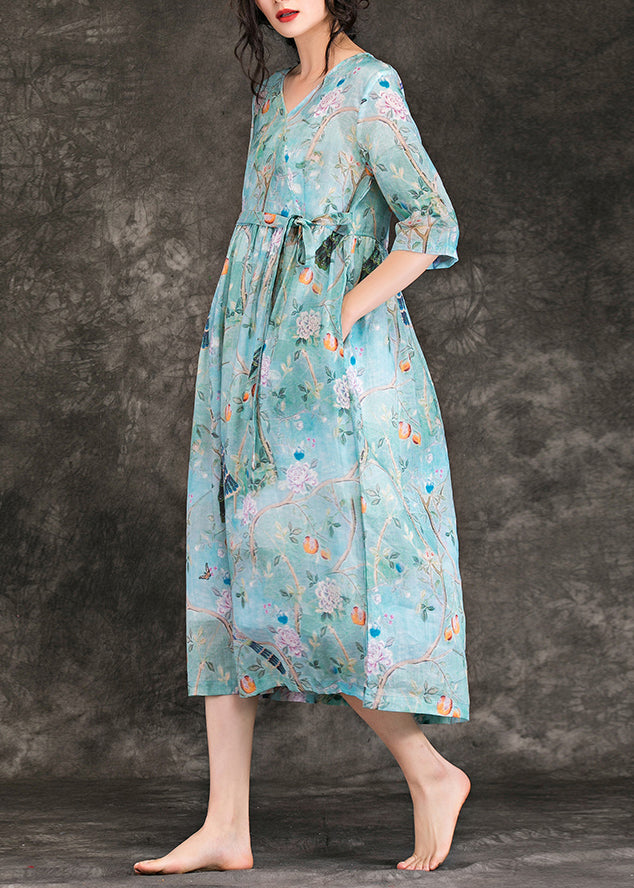 Klassisches Leinenkleid mit V-Ausschnitt und Taillenbund Pakistani Work hellblau Plus Size Kleid Sommer