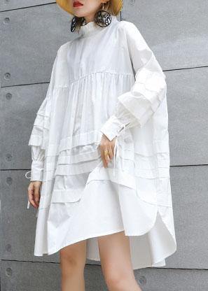Classy white Cotton tunic top Puff Sleeve short fall Dresses - SooLinen