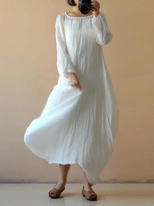 Classy white cotton clothes Women o neck asymmetric Plus Size spring Dresses - SooLinen