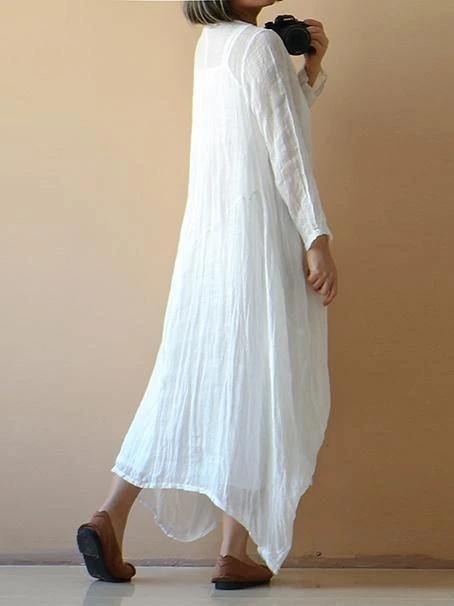 Classy white cotton clothes Women o neck asymmetric Plus Size spring Dresses - SooLinen