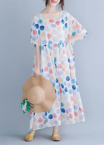Classy white dotted cotton clothes Women o neck Cinched Maxi summer Dress - SooLinen