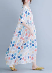 Classy white dotted cotton clothes Women o neck Cinched Maxi summer Dress - SooLinen