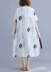 Classy white print dresses o neck tie waist daily summer Dresses - SooLinen
