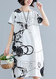 Classy white print linen Wardrobes o neck short sleeve shift summer Dress - SooLinen