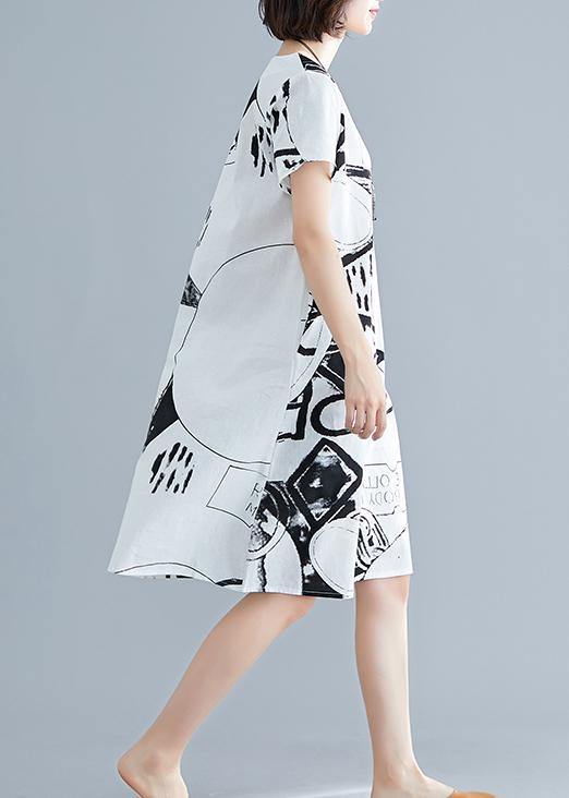 Classy white print linen Wardrobes o neck short sleeve shift summer Dress - SooLinen
