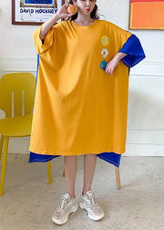 Classy yellow Smiley print clothes Women o neck patchwork Art Dress - SooLinen