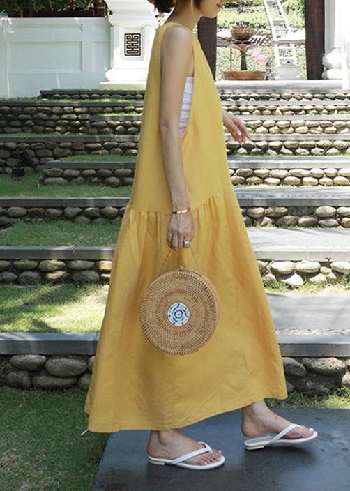 Classy yellow cotton Wardrobes o neck sleeveless Maxi summer Dresses - SooLinen