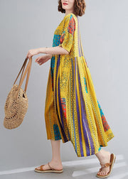 Classy yellow print clothes For Women o neck short sleeve Maxi summer Dress - SooLinen