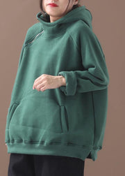 Classy zippered cotton hooded blouses for women Inspiration green thick blouse - SooLinen