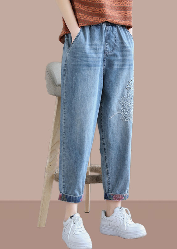 Elegante Jeansblaue Hose, Frühling, elastische Taille, Stickerei, Arbeitskleidung, Damenhose