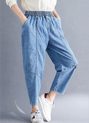 Classy Spring Women Pants Fashion Denim Blue Photography Elastic Waist Patchwork Pant - SooLinen