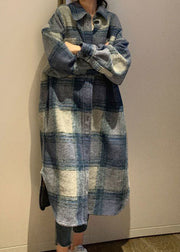 Club Grey Blue Plaid Button side open Fall Woolen Long sleeve Trench