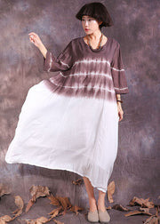 Chocolate Asymmetrical Gradient color Cotton Long Dresses Three Quarter sleeve
