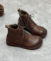 Chocolate Boots Cowhide Leather Warm Fleece Beautiful Lace Up Boots