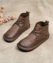 Chocolate Boots Cowhide Leather Warm Fleece Fine Lace Up Flat Boots