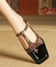 Coffee Buckle Strap Print Splicing Faux Leather Chunky Sandals