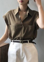 Coffee Button Solid Loose Shirts Short Sleeve