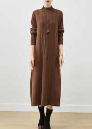 Coffee Cable Knit Long Dress Stand Collar Oversized Spring