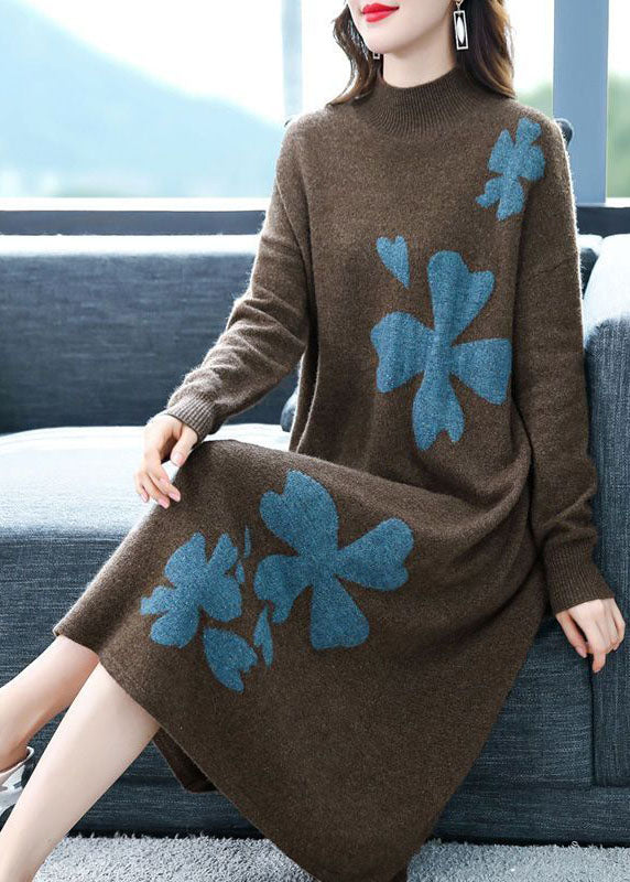 Coffee Cashmere Long Sweater Dress Stand Collar Embroidered Long Sleeve