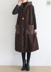 Chocolate Colour Pockets Thick Woolen Hoodies Waistcoat Sleeveless
