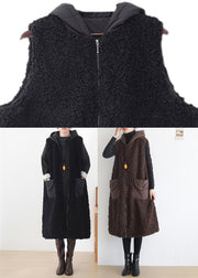Chocolate Colour Pockets Thick Woolen Hoodies Waistcoat Sleeveless
