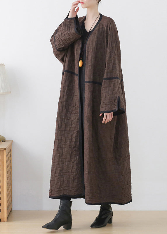 Chocolate Colour V Neck Patchwork Woolen Trench Coats Long Sleeve