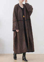 Chocolate Colour V Neck Patchwork Woolen Trench Coats Long Sleeve