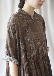 Chocolate Cotton Loose Dresses Mandarin Collar Half Sleeve