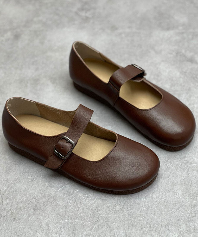Chocolate Cowhide Leather Flat Shoes For Women Buckle Strap Flat Shoes For Women