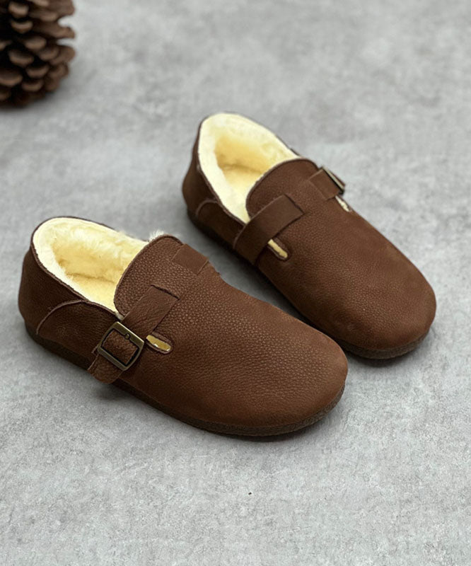 Chocolate Cowhide Leather Flats Fuzzy Wool Lined Comfy Buckle Strap Flats