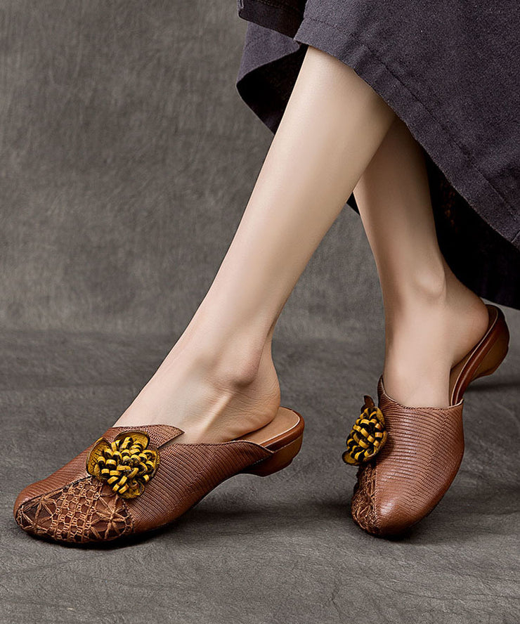 Coffee Cowhide Leather Vintage Floral Splicing Slide Sandals