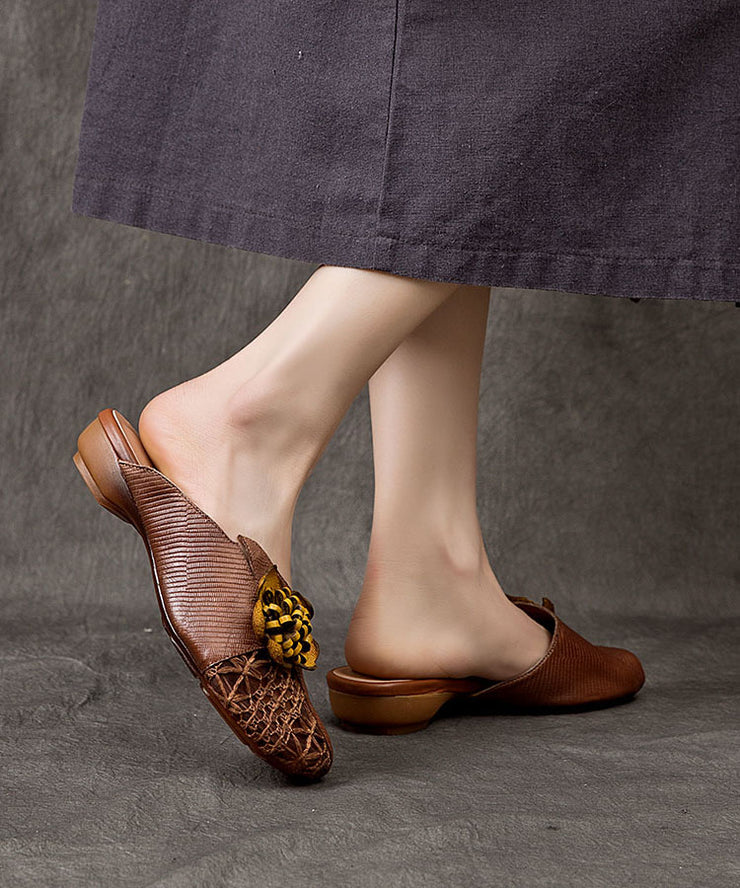 Coffee Cowhide Leather Vintage Floral Splicing Slide Sandals