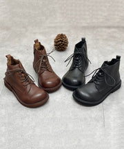 Chocolate Cowhide Leather Zippered Boots Warm Fleece Ankle Boots