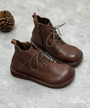 Chocolate Cowhide Leather Zippered Boots Warm Fleece Ankle Boots