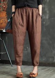 Coffee Elastic Waist Solid Linen Crop Pants