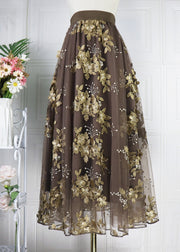 Chocolate Embroidered Floral High Waist Tulle A Line Skirt Spring