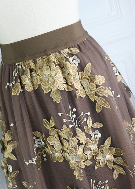 Chocolate Embroidered Floral High Waist Tulle A Line Skirt Spring