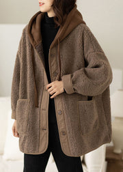 Chocolate Fake Two Piece Fine Cotton Filled Teddy Faux Fur Jackets Hooded Drawstring Winter