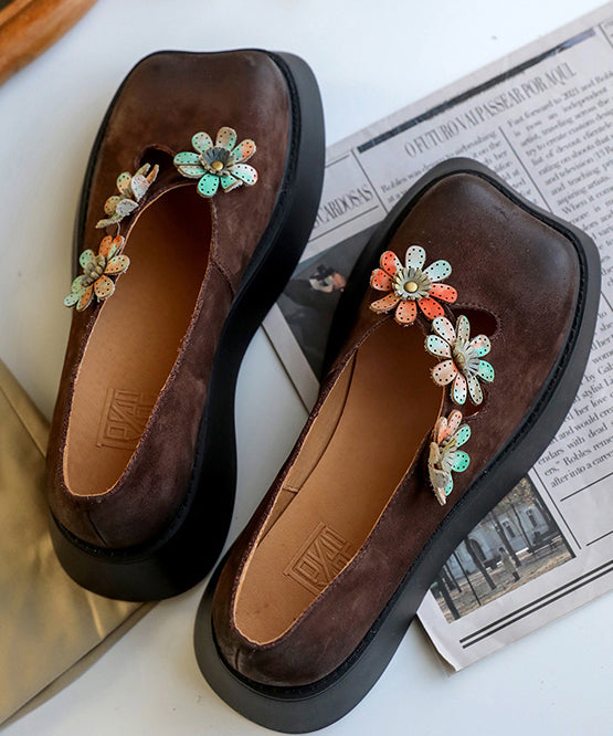 Kaffee Flache Füße Schuhe Plattform Rindsleder Einzigartige flache Schuhe mit Blumenmuster