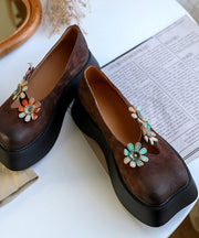 Chocolate Flat Feet Shoes Platform Cowhide Leather Unique Floral Flat Shoes