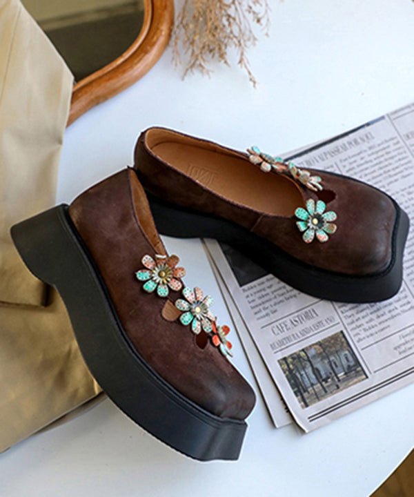 Chocolate Flat Feet Shoes Platform Cowhide Leather Unique Floral Flat Shoes