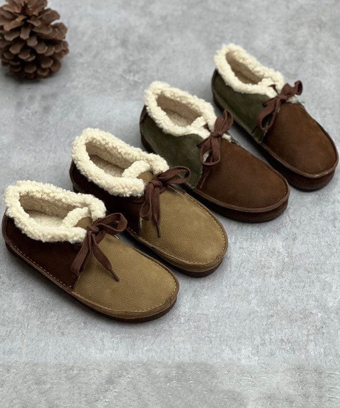 Chocolate Flat Shoes For Women Lace Up Fuzzy Wool Lined Flat Shoes For Women