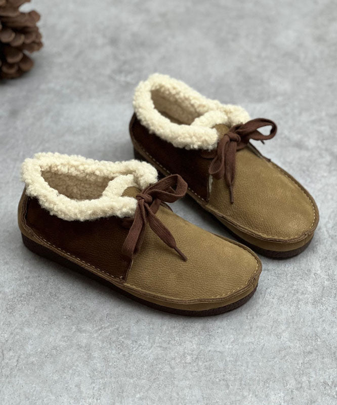 Chocolate Flat Shoes For Women Lace Up Fuzzy Wool Lined Flat Shoes For Women