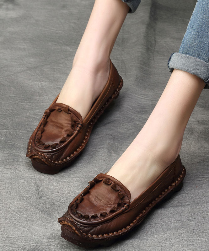 Coffee Flat Shoes For Women Splicing Cowhide Leather Vintage