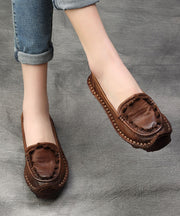 Coffee Flat Shoes For Women Splicing Cowhide Leather Vintage