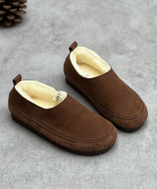 Chocolate Flats Cowhide Leather Casual Fuzzy Wool Lined Flats